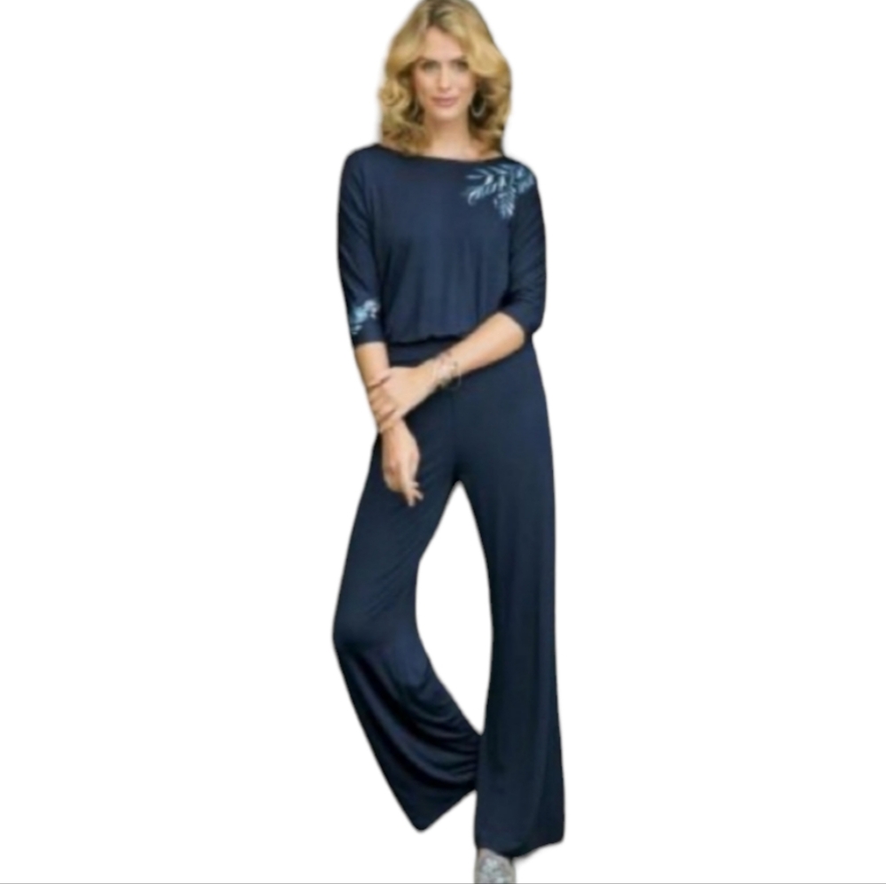 Soft Surroundings Jumpsuit Romper Garbo Extra Small XS Blue Embroidered Modal - Picture 2 of 13
